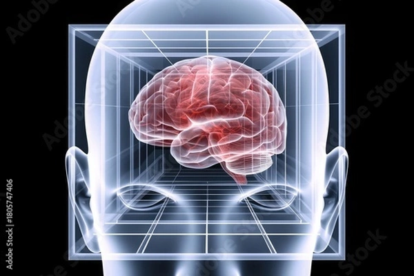 Fototapeta A 3D human brain and head outline is placed on a transparent cubic grid against a black background for scientific and technological concepts.