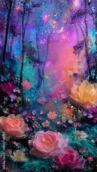 Fototapeta Vivid Fluid Art Resin Forest With Translucent Pink Roses Suspended In Swirling Iridescent Liquid Medium