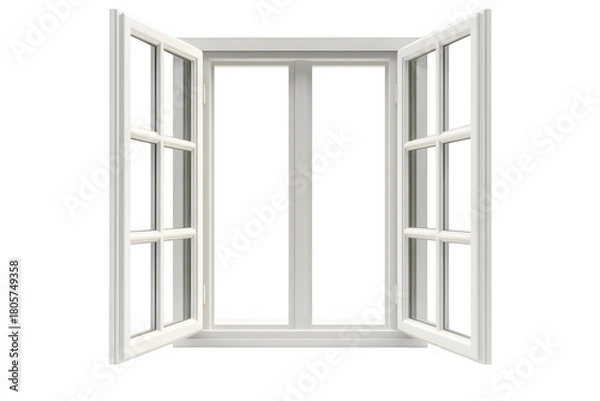 Obraz A beautifully designed white window with open shutters. allowing natural light to flood in. creating a bright and airy atmosphere. perfect for enhancing indoor spaces and home decor