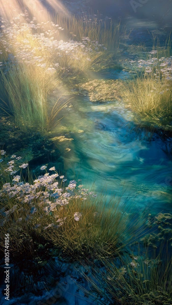 Fototapeta Sunlit Shallow Stream Of Turquoise Water Flowing Through Tall Golden Marsh Grass And Wildflowers.