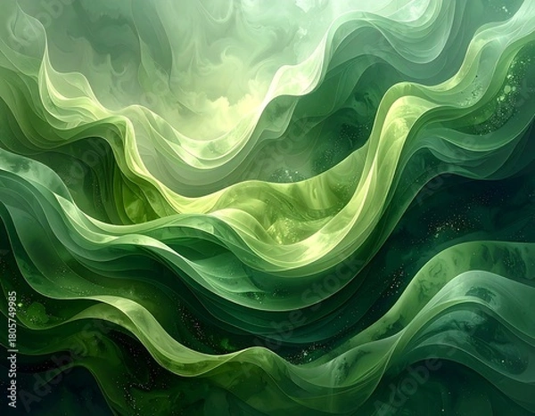 Fototapeta Abstract flowing organic shapes and lines in a range of green hues with textures, light, and movement