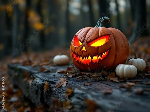 Obraz A glowing jack-o’-lantern sits on a rustic wooden table surrounded by white pumpkins and autumn leaves. Set in a forest with a moody fall atmosphere