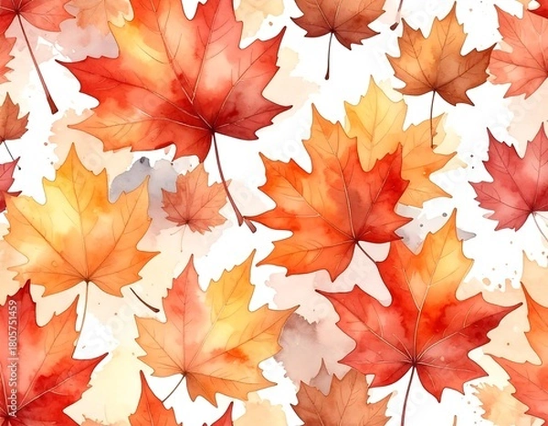 Fototapeta Watercolor illustration of falling maple leaves in autumn shades