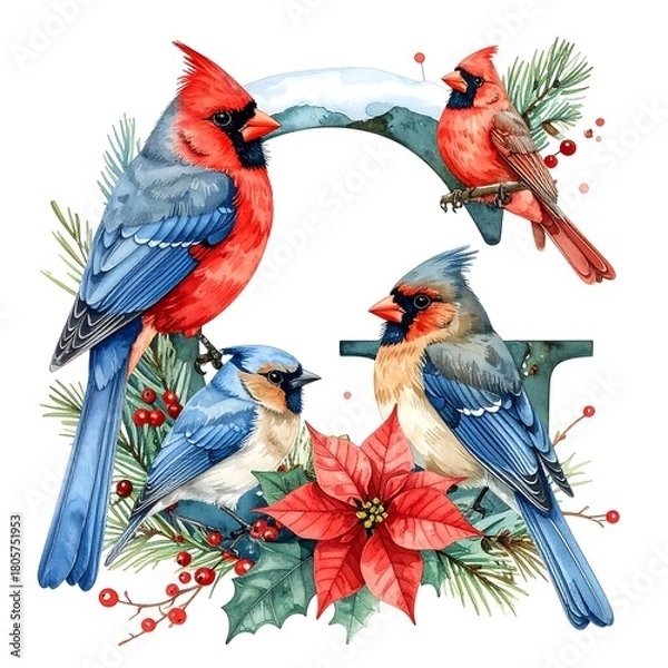 Fototapeta Watercolor illustration showcasing four colorful birds with red cardinals perched on a snowy arch and other birds with a poinsettia and greenery