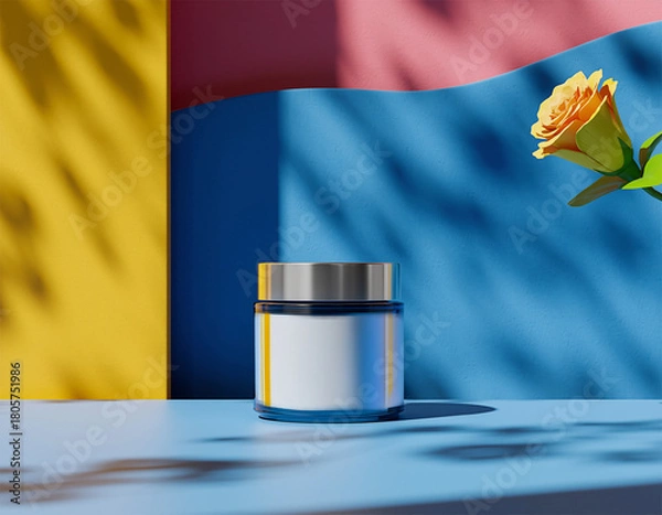 Obraz White cosmetic jar mockup with orange rose on colorful geometric background