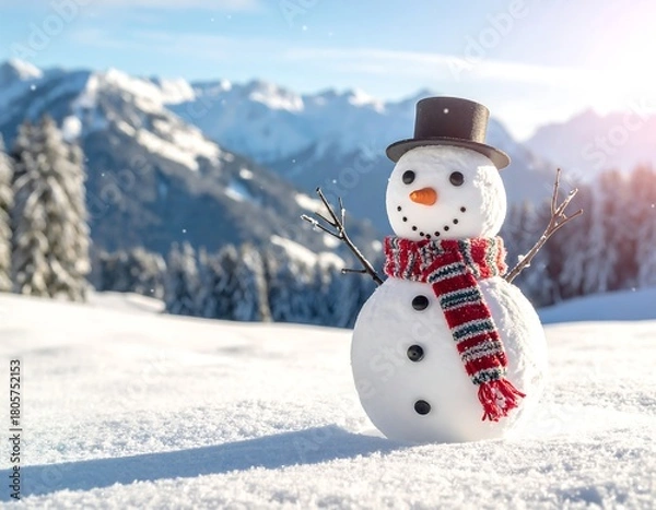 Fototapeta Whimsical snowman with top hat and scarf against a mountain backdrop