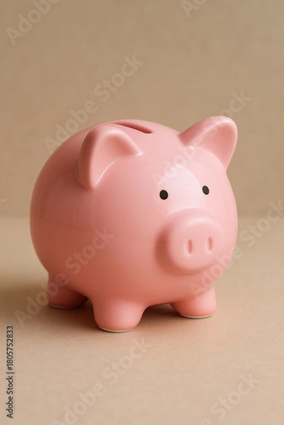 Obraz “A clean and minimalistic photograph of a pink ceramic piggy bank placed on a soft beige background. The glossy finish and simple design give the image a modern.
