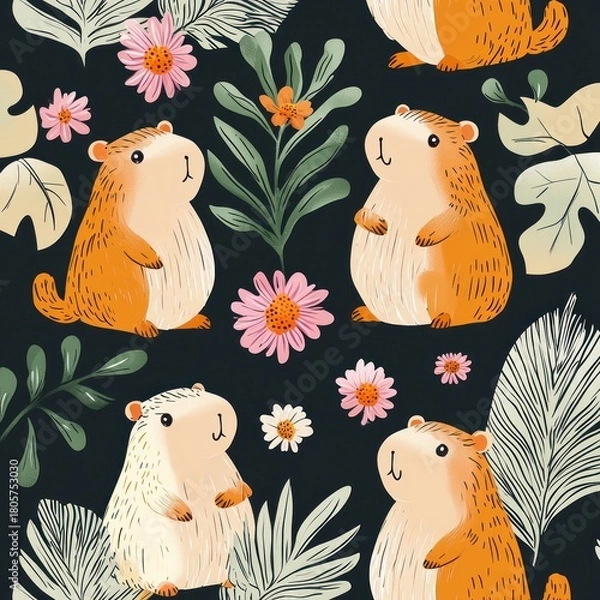 Fototapeta adorable whimsical orange and cream guinea pigs surrounded by pink daisy flowers and green leaves on a dark background