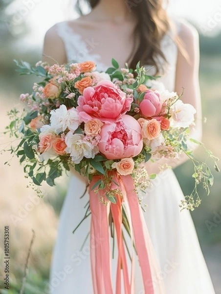 Fototapeta bride holding a cascading bouquet of pink peonies, peach roses and mixed greenery with long pink ribbons in soft natural light, romantic and delicate mood