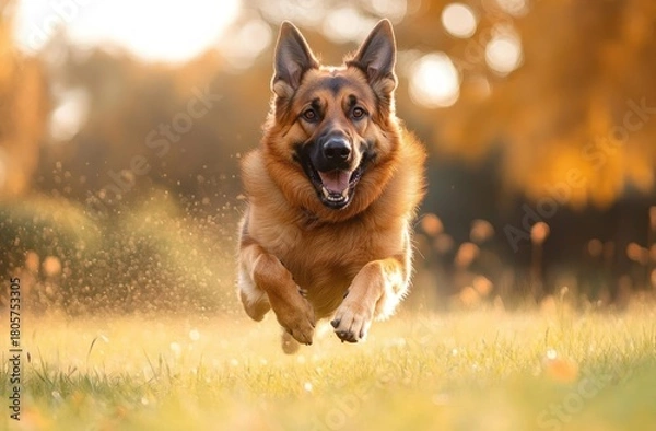 Fototapeta playful large dog leaping mid-air across a sunlit grassy field at golden hour, ears up and fur glowing in warm autumn light conveying energetic joy