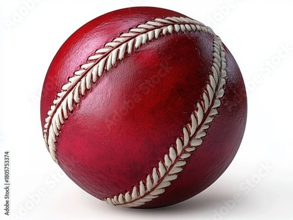 Fototapeta close-up of a scuffed red leather cricket ball with prominent white stitched seam on a white background, evoking nostalgia and rugged sporting heritage