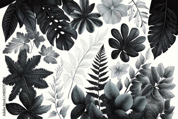 Fototapeta Monochrome collage of assorted tropical leaves, ferns and delicate flowers in layered botanical illustration conveying calm elegance