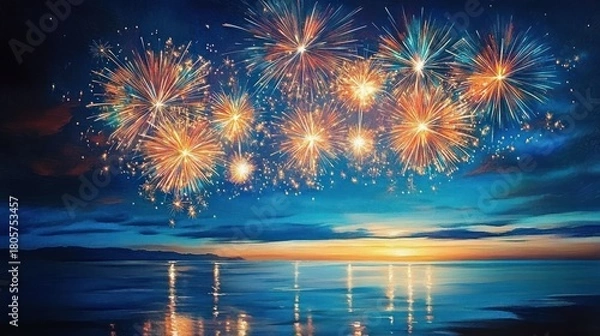 Obraz Colorful fireworks bursting over a calm sea at sunset with golden reflections sparkling on tranquil water and a distant coastline under a dramatic twilight sky, joyful and peaceful