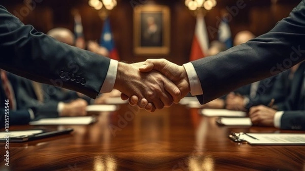 Fototapeta Two suited professionals shaking hands across a polished conference table in a formal meeting room, conveying agreement, trust and partnership during a negotiation
