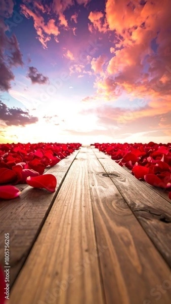 Fototapeta Wooden path leading through red petals towards a vibrant, sunset sky