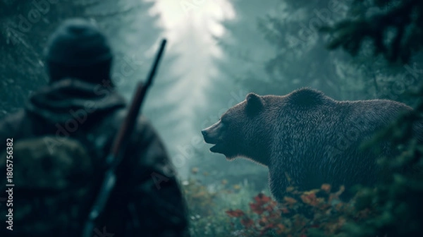 Obraz 熊とハンター　画像生成AI