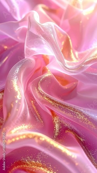 Fototapeta Abstract flowing soft pink fabric with gold accents, showcasing delicate folds and shimmers under a gentle light source
