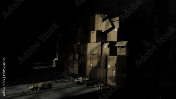 Fototapeta 暗い倉庫に積み重ねた古いダンボール箱