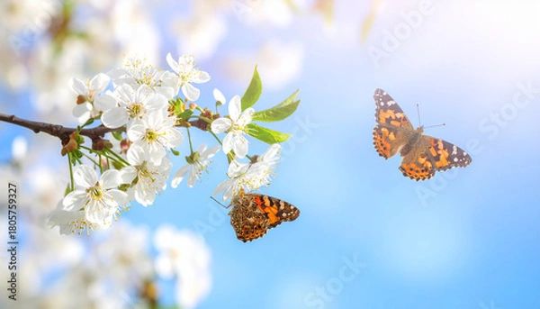 Fototapeta Beautiful banner background of spring nature. Artistic panoramic design of blossoming cherry branches and a flying butterfly against a sunny spring garden and blue sky with copy space.