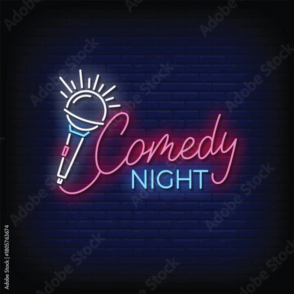 Obraz comedy night neon signboard with brick wall background vector