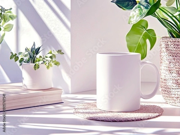 Obraz A blank white mug sits on a textured coaster next to potted plants, with dappled sunlight creating shadows.