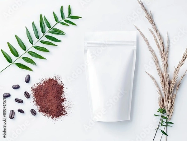 Obraz A blank white pouch is displayed next to coffee beans, a pile of coffee powder, and dried grasses on a white surface.