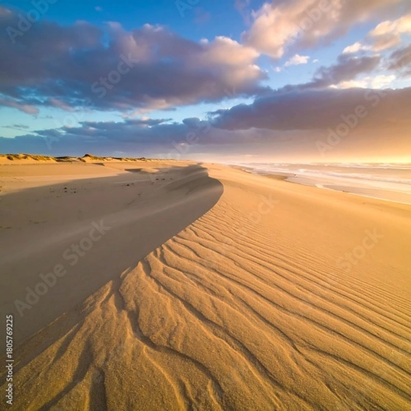 Fototapeta A sweeping dune landscape meets the ocean under a dramatic sky at dusk with warm light caressing the textured sand