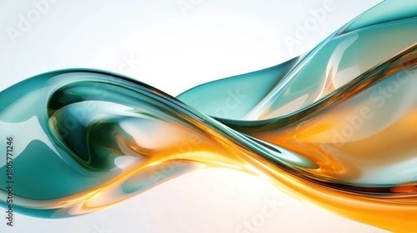 Fototapeta intertwined glossy teal and amber glass-like ribbons flowing in graceful dynamic motion on a clean background