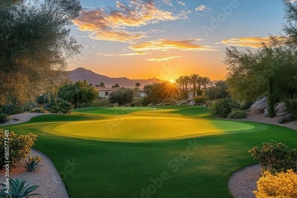 Fototapeta Sunset over a manicured golf putting green with a lone flag, palm trees, desert plants, rock landscaping and distant mountains bathed in warm golden light, peaceful