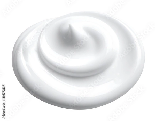 Fototapeta A swirl of thick, shiny, white cream, elegantly coiled and glossy against a plain white backdrop, appears smooth