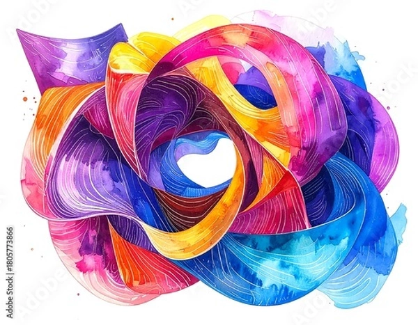 Fototapeta Abstract fluid art. A mix of warm & cool watercolor-like ribbons twist and flow together on a plain, white background