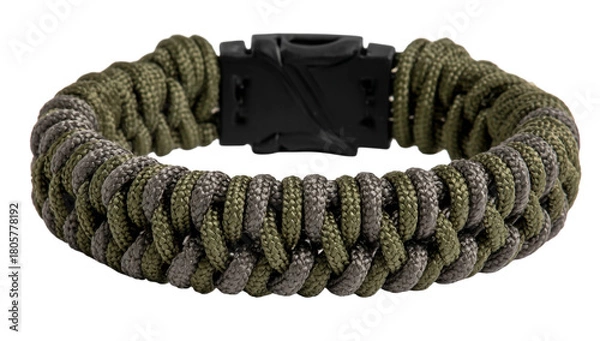 Obraz Strong green gray paracord bracelet with a sturdy black buckle isolated on transparent background