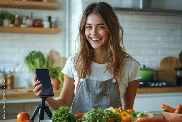 Obraz woman in apron in a bright home kitchen holding a smartphone on a small tripod beside fresh vegetables, calm and focused while preparing to film a cooking demo