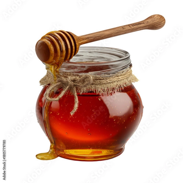 Fototapeta Golden honey dripping from wooden dipper into rustic glass jar isolated on transparent background