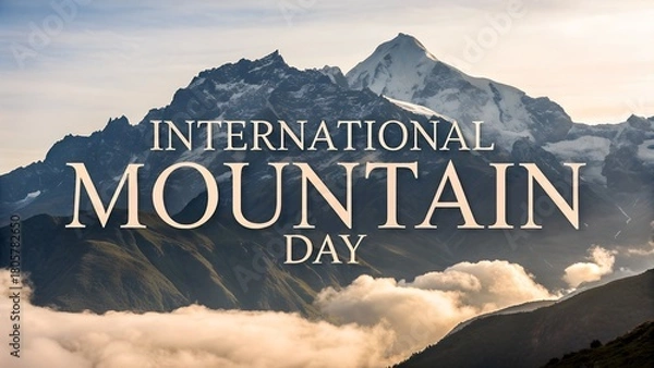 Obraz International Mountain Day alpine sunrise over misty snow peaks and green slopes in dramatic cloudscape view