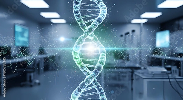 Obraz Stunning DNA double helix in advanced research lab showcasing genetic engineering and cutting-edge biotech, ideal for medical breakthroughs and scientific innovations