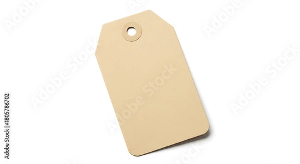 Obraz A single beige tag with a hole at the top lying on a white surface in a studio setting plain view