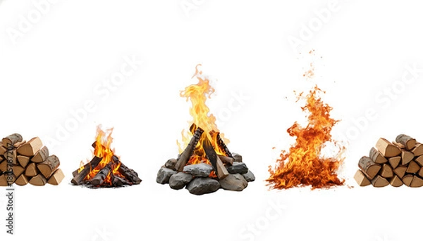 Obraz A series of campfires in various stages of burning with piles of wood on a white background studio shot