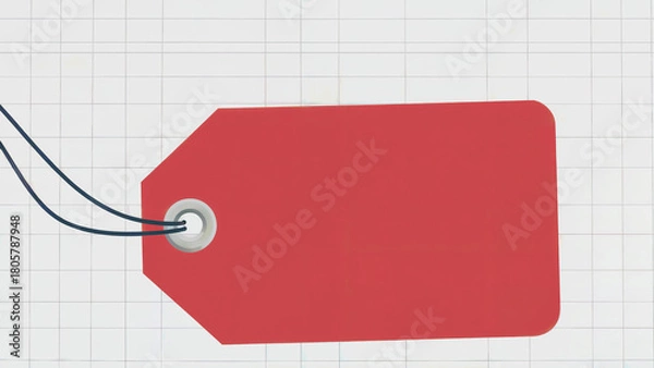 Fototapeta Blank red price tag with string on grid background