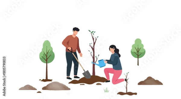 Obraz Couple planting trees together, nurturing new growth and a sustainable future, perfect for eco-friendly campaigns and environmental awareness initiatives