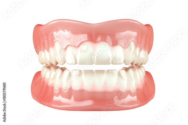 Obraz A detailed rendering of a human dental model a complete set of upper and lower teeth with realistic gum tissue. ideal for educational purposes in dentistry and orthodontics