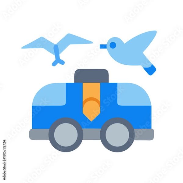 Fototapeta Flat illustration of stylized car with birds in flight