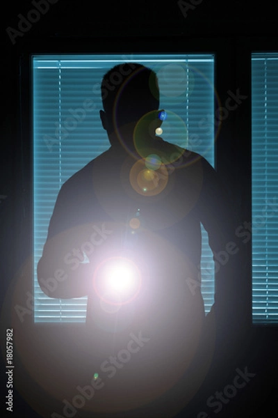 Obraz Silhouette of a man pointing with flashlight