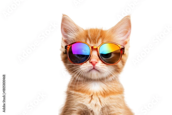 Obraz A stylish orange tabby cat wearing colorful sunglasses poses confidently against a plain white background. its playful personality and trendy fashion sense