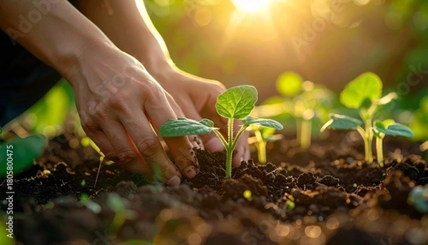 Obraz Hands Planting Seedlings in Fertile Soil at Sunset.