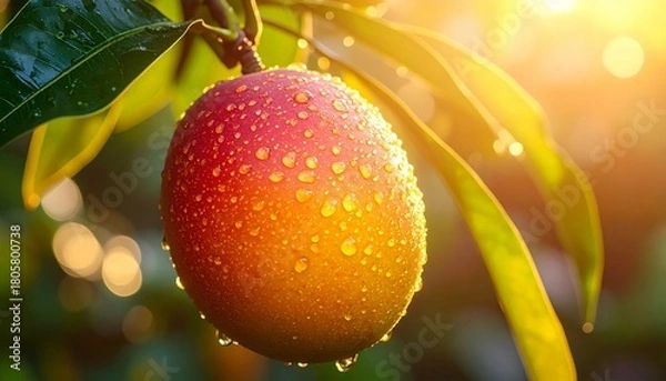 Obraz Ripe Mango Hanging on Tree Branch with Dew Drops.