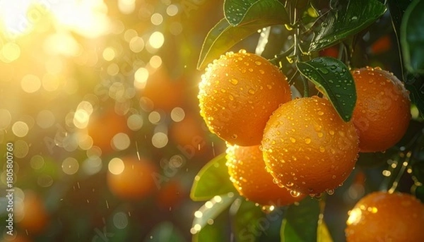 Obraz Ripe Oranges on Tree Branch in Golden Sunlight.