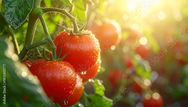 Obraz Ripe Tomatoes on the Vine in the Garden.