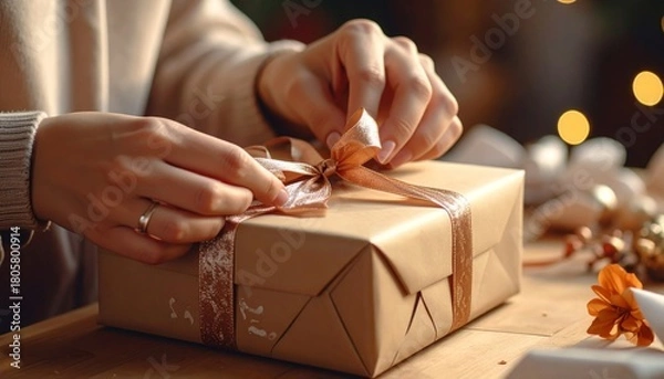 Obraz Wrapping a Christmas Gift with Brown Paper and Ribbon.