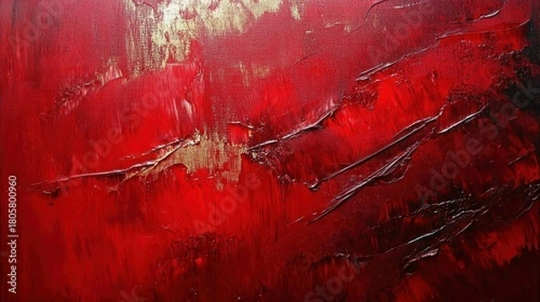 Fototapeta textured deep red abstract painting with gold highlights and dark raised brushstrokes evoking intense passion and dramatic energy